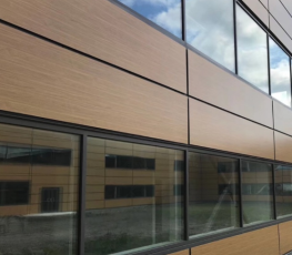 Tường màn che mặt tấm veneer nhôm chuyển in họa tiết gỗ