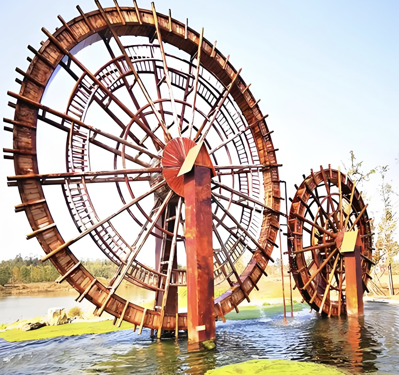 Dual-Drive Traditional Wooden Noria Water Wheel