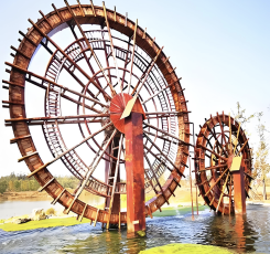 Dual-Drive Traditional Wooden Noria Water Wheel