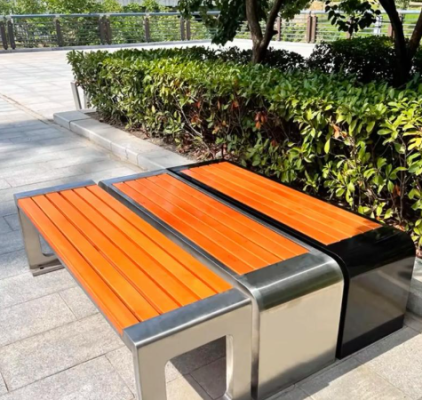 Banc de parc en bois anticorrosif à cadre en acier inoxydable